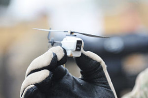 A Black Hornet nano helicopter unmanned aerial vehicle (UAV). (Photo credit: Richard Watt/MOD)