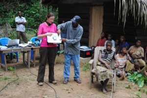 Canada’s research chair in ethnomusicology, Nathalie Fernando ,explains a listening exercise through an interpreter, to members of a Congolese pygmy tribe. (Photo credit: McGill University/University of Montréal)
