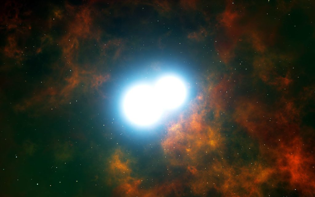 An artists impression showing the centre of planetary nebula Henize 2-428, in which lies two white dwarf stars, which researchers believe will one day merge and explode into a supernova. (Photo Credit: ESO/L. Calçada)