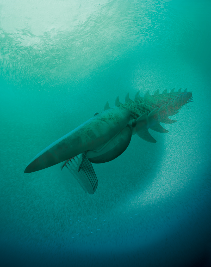 An artists reconstruction of what Aegirocassis benmoulae would look like. The creature could exceed two meters in length, making it one of the largest arthropods known to science. (Image credit: Marianne Collins, ArtofFact)