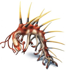 The Hallucigenia sparsa is so bizarre looking that when scientists first reconstructed it they had it upside down and back-to-front. (Image credit: Danielle Dufault)