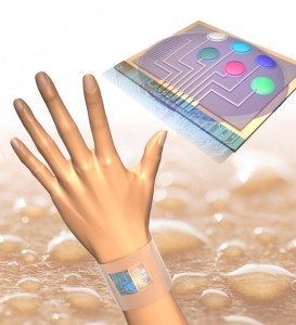 The perspiration analysis system is able to be attached to various body parts, including the head and arms, while simultaneously measuring and analysing skin temperature, the metabolites and electrolytes in human sweat. (Image credit: Der-Hsien Lien and Hiroki Ota)