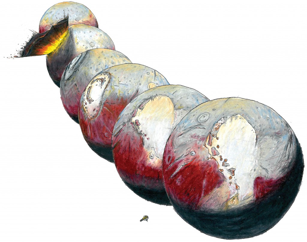 Sputnik Planitia (the left lobe of Pluto's "heart") likely formed in the aftermath of comet impact into Pluto. Sputnik Planitia formed northwest of its present location, and reoriented to its present location as the basin filled with volatile ices.  (Credit: Illustration by James Tuttle Keane)