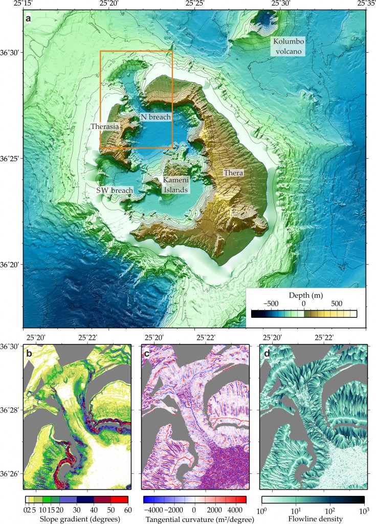 Combined topographic map of Santorini volcanic field based on onshore and offshore data. Orange box outlines the area of the northwest strait. (Image credit: Nomikou P., M. Paulatto, L.M. Kalnins and D. Lampridou)