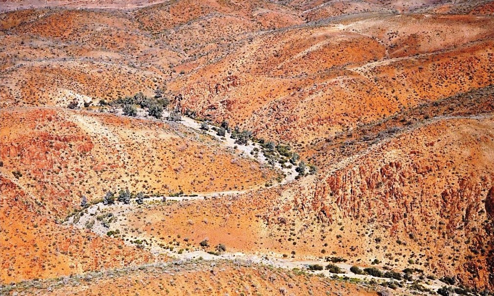Aerial view of the Northern Flinders Ranges, where Warratyi Rock Shelter was discovered. (Image by Giles Hamm)