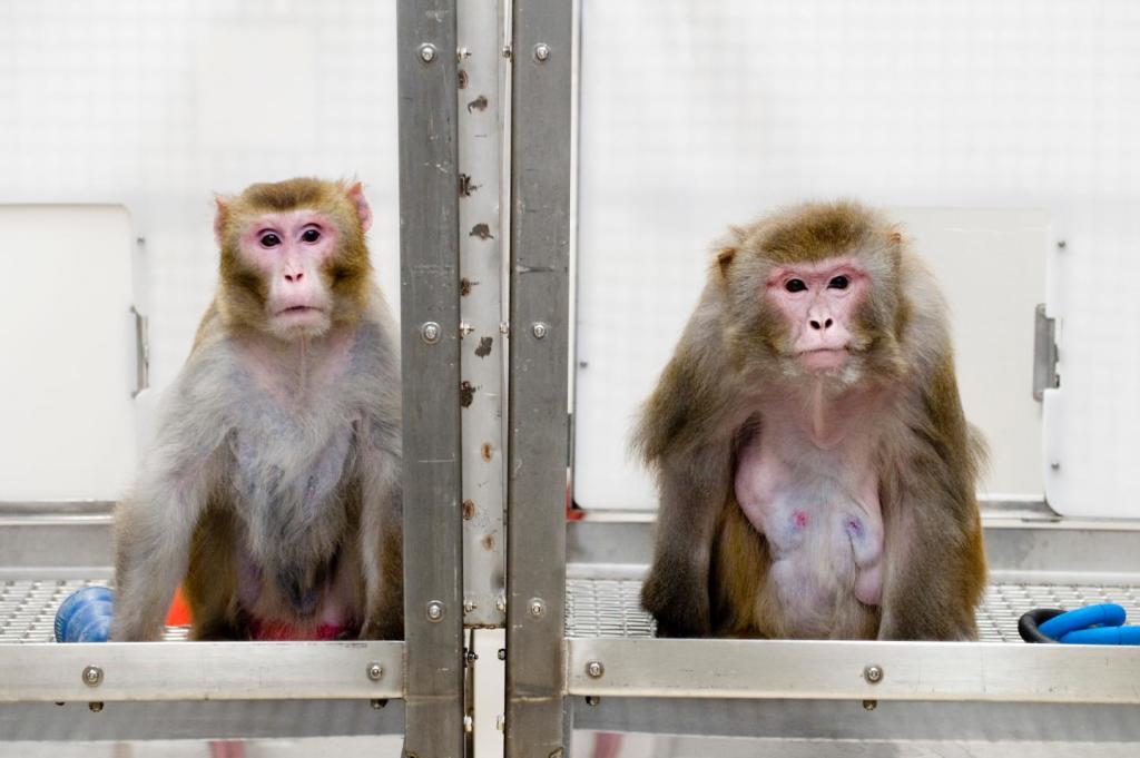 A 2009 image of rhesus monkeys in a landmark study of the benefits of caloric restriction. The then 27-year-old monkey on the left was given a diet with fewer calories while the then 29-year-old monkey on the right was allowed to eat as much as it liked. Both animals have since died of natural causes. A new study of the effects of a restricted diet reinforces the idea that reducing caloric intake has health benefits that can extend lifespan. (Image by Jeff Miller/University of Wisconsin-Madison)