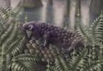 Artist's conception of Tyrannoroter heberti - small, grey, nobbly four-legged animal on the leaning trunk of a cycad-like tree; illustration by Hannah Fredd