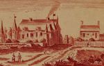 Image: sketch in red ochre of a New France settlement with two figures in period dress next to a cart track, after an engraving by Legrand; credit: anonymous, Musée Carnavalet, Musées de Paris, CC0