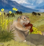 Artist’s version of Pleistocene Yukon, showing Arctic ground squirrels within the mammoth-steppe ecosystem; credit: Mercedes Minck/Hakai Institute